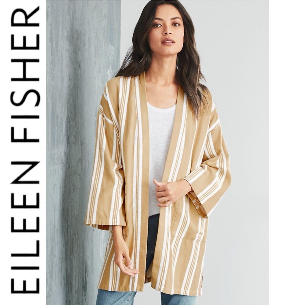 Eileen Fisher Organic Cotton Striped Kimono Jacket Reed Yellow S / M Lagenlook